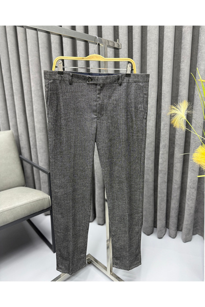 Avni Ceylan Kek Premium Gray Woven Slim Fit Fabric Trousers