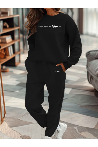 mercoledi Women's Printed Crew Neck Top Jogger Bottom Tracksuit Set Oversize