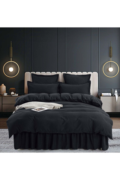 Inovius Luxury Linen Ruffles for Double Bed Fine Cotton, Black - JO458
