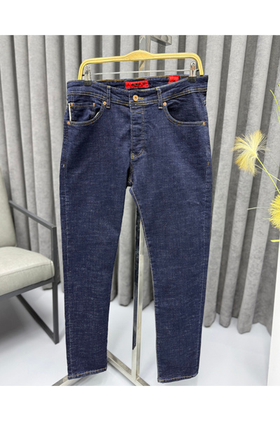 Avni Ceylan بنطلون جينز رجالي فاخر باللون الأزرق الداكن بنمط تايمبلينغ وقصة ضيقة