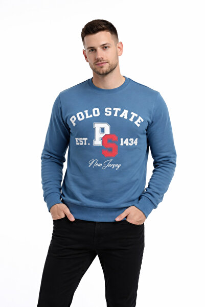 Polo State Men's 3 Thread Non-Brushed Cotton Regular Fit Printed Crew Neck Bl...