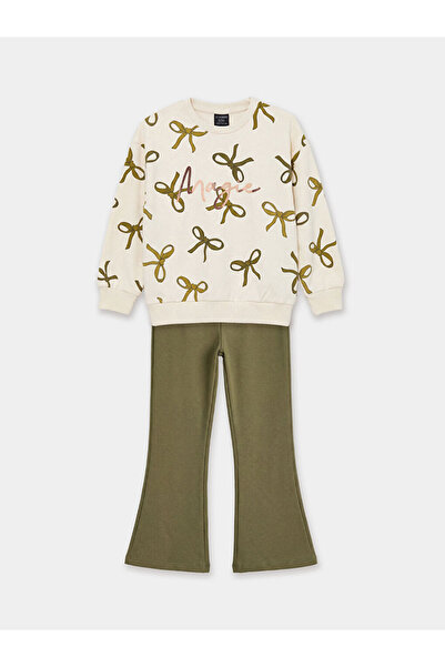 LC Waikiki Bow patterned girl's sweatshirt and leggings set