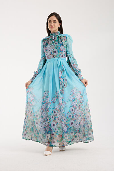 Stylish Stylish chiffon floral dress in sky blue