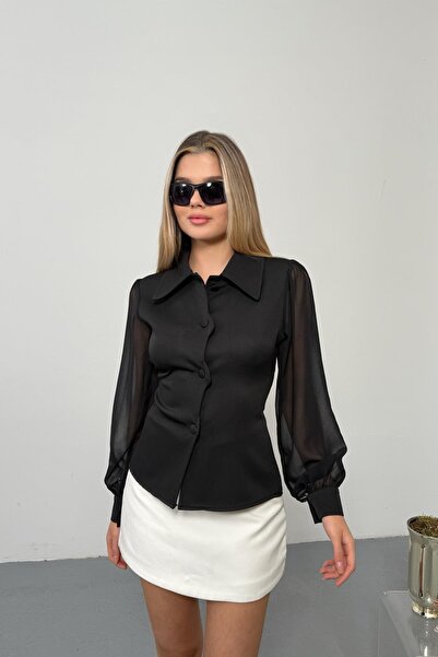 RB CLUB Shirt Collar Button Detailed Sleeves Chiffon Blouse Black