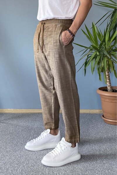 Alışveriş Sokağı Carrot Cut Linen Pants Lace-Up Elastic Waist Ankle Length