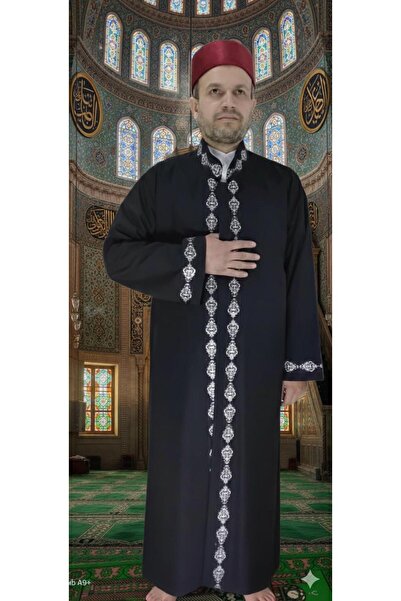 koçaktoptan imam cübbesi hakim yaka bordürlü siyah motifli