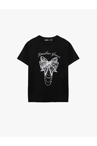 Koton Μαύρο γυναικείο μπλουζάκι με στάμπα φιόγκου 6SAK50029EK