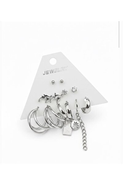 stainless steell gümüş renk 12 adet (6 çift) paslanmaz çelik küpe set 12