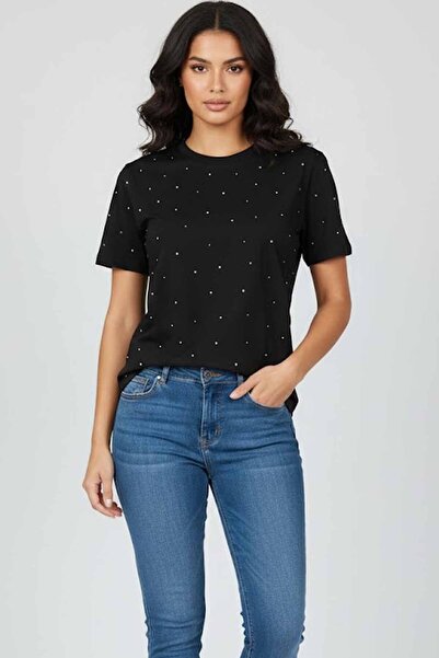 rekor sports Women's Black/White 100% Cotton Stone T-Shirt Premium Stone Deta...