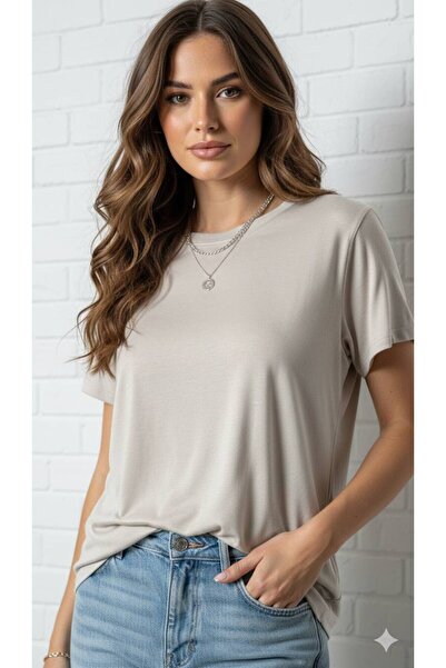 By Kuzey Aras Women's Modal Fabric Basic Crew Neck Relaxed Fit Tshirt