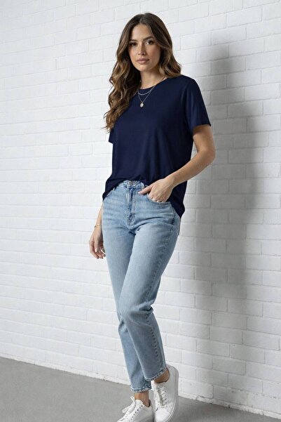 By Kuzey Aras Women's Modal Fabric Basic Crew Neck Relaxed Fit Tshirt