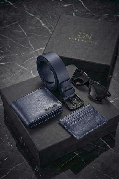 Duke Nickle Men's Navy Blue Leather Wallet, Card Holder, Belt, Sunglasses Box...
