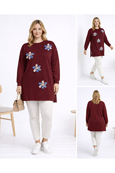 Birol Triko Women's Burgundy Slit Tunic with Floral Accessories