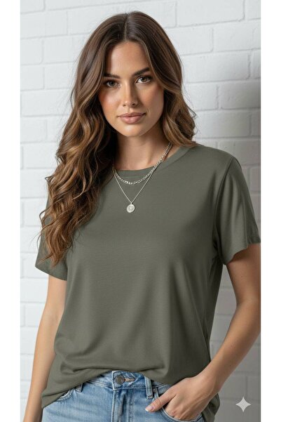 By Kuzey Aras Women's Modal Fabric Basic Crew Neck Relaxed Fit Tshirt