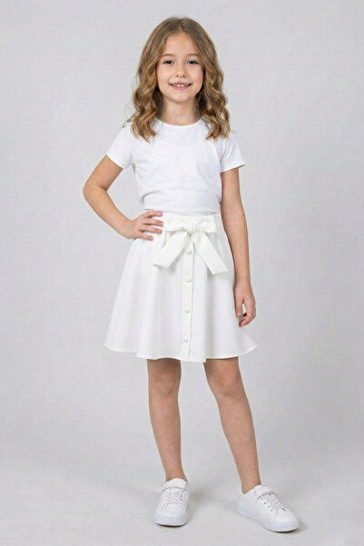 nacar çarşı Fusta evazată cu fundă și nasturi albi pentru fete, cu talie ajus...