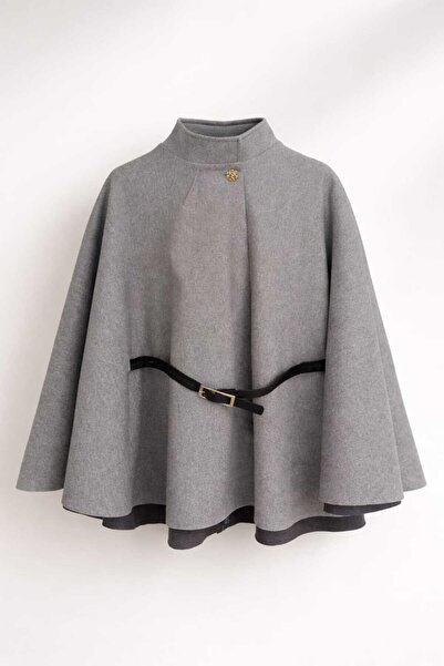 Teodora Demaria Gri ( Kadın ) Oversize Kemerli Premium Kaşe Panço