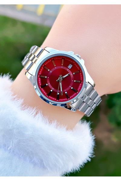 Weluxa Silver Color Claret Red Dial Women's Wristwatch with Calendar + Watch Box