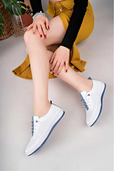 Deri Expres Γυναικεία παπούτσια από γνήσιο δέρμα, καθημερινά λευκά μπλε