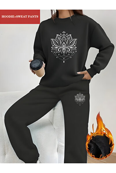 mercoledi Women's Printed Crew Neck Top Jogger Bottom Tracksuit Set