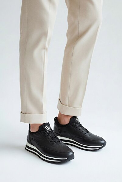 Voyager V26YA-M084 Siyah Cilt Deri Bağcıksız Erkek Sneaker Ayakkabı