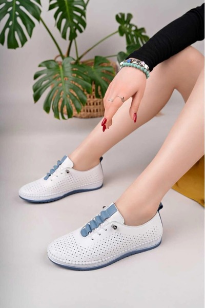 Deri Expres Genuine Leather Women's Casual White Blue Shoes