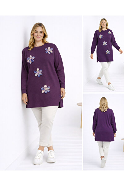 Birol Triko Women's Plum Slit Tunic with Floral Accessories