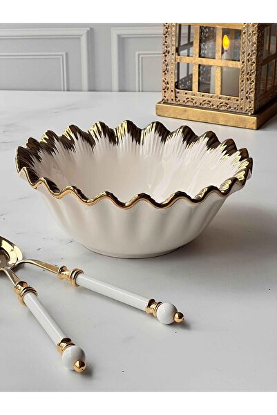 ROSSEV Round Salad Bowl Sofia Stoneware with Gold Rim – 26 cm