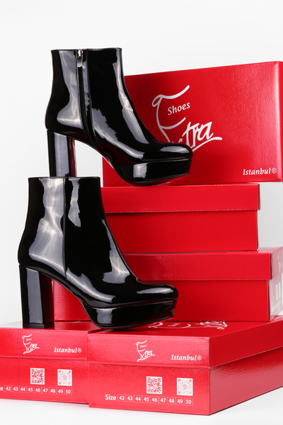 Extra Shoes İstanbul Women's Black Patent Leather Platform Boots with Fur Ins...