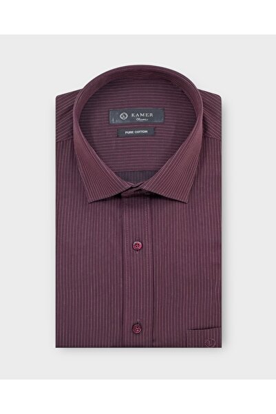 KAMER Regular Fit 100% Cotton Long Sleeve Classic Collar Striped Burgundy Shi...