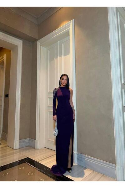 Modafeminen فستان سهرة بكم واحد مزين باللؤلؤ 583131 بنفسجي