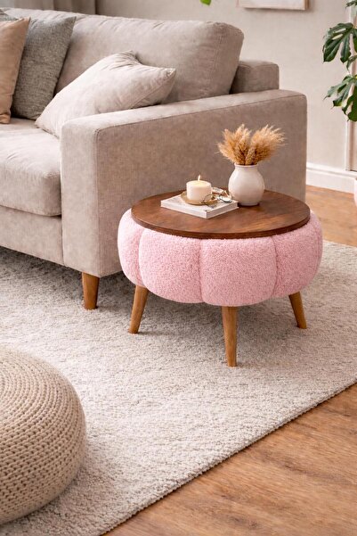 KOKİ DESİGN Papatya Wellsoft Pembe Kumaş Kaplamalı Yuvarlak Çap 45 cm Yan Sehpa