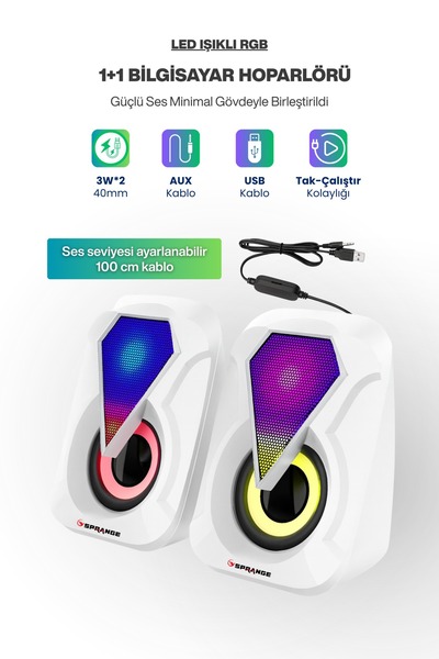 SPRANGE RGB Ambiyans Işıklı 2'li Bilgisayar / Cep Telefonu Hoparlörü