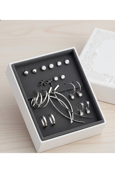 stainless steell gümüş renk 12 adet (6 çift) paslanmaz çelik küpe set 17