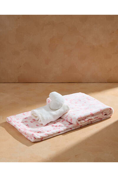 REDTAG Baby White And Pink Printed Blanket And Wash Cloth Set (2 Piece)