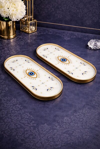 YzHome 2-Person Gold Presentation Serving Tray with Evil Eye Pattern, Decorat...