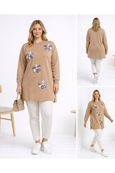 Birol Triko Women's Dark Beige Slit Tunic with Floral Accessories