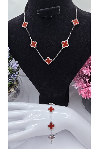 ahsenaksesuar2025 Büyük Boy Bordo Van Cleef Yonca Model Gümüş Renk Paslanmaz ...