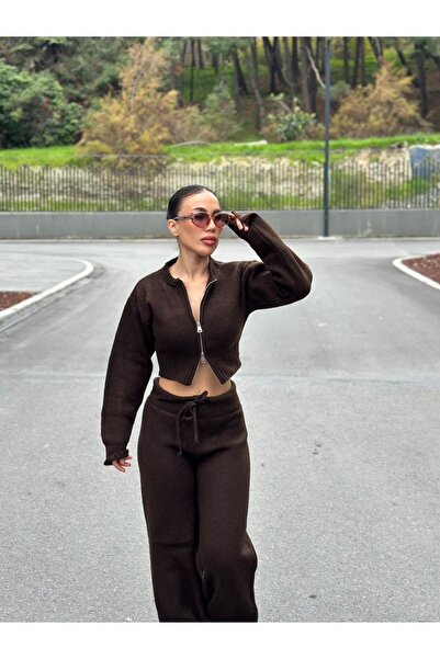 LOBOLIC Women's Plain Knitwear Set - Zipper Detailed Cardigan and Pants