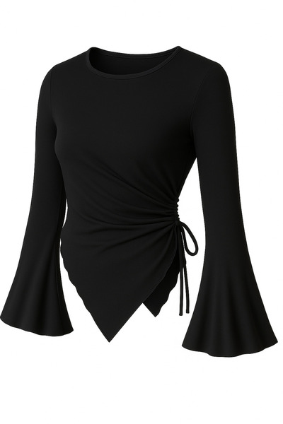 good flowers Kadın Siyah Drapeli Bluz – İspanyol Kol, Yan Büzgülü, Asimetrik ...