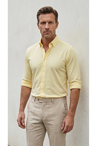alenmeza Men's Yellow Buttoned Collar Pocketless Casual Modal Shirt