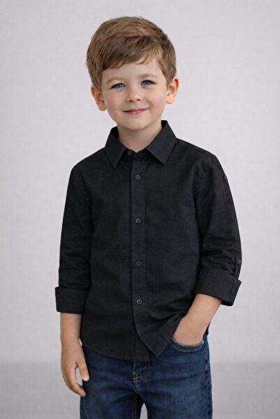 Nacar Erkek Çocuk 23 Nisan Gösteri Kolu Katlamalı Comfort Keten Gömlek