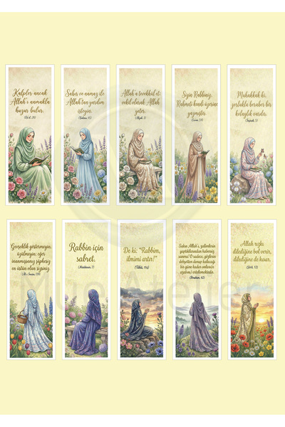 Runrux Özel Tasarım Dini Kitap Ayracı Seti (10 Adet) - Ayet ve Çiçek Temalı
