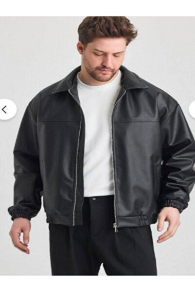 Rowsmen Oversize Men's Black Leather Jacket Vi̇natge Jacket with Elastic Waist