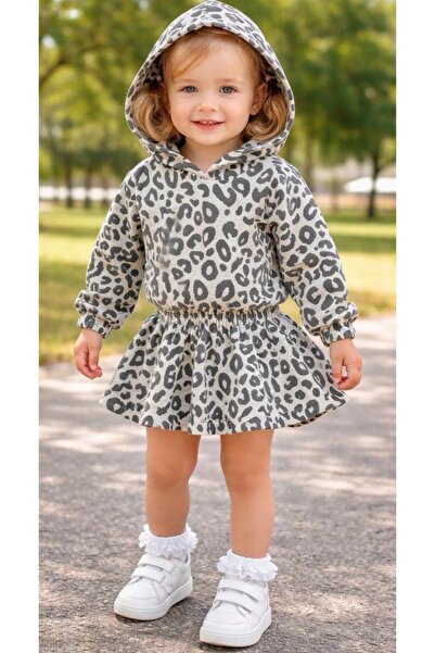jumigo Leopard Patterned Hooded Sweatshirt Skirted Top and Bottom Set