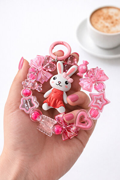 FİŞNEİLETİŞİM PEMBE ŞEKERLER FİYONK TAVŞANLI SEVİMLİ TELEFON HALKA BİLEZİK AK...