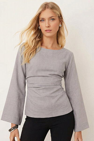 armonika Women's Gray Boat Neck Blouse with Gathered Sides and Rope Detail on...