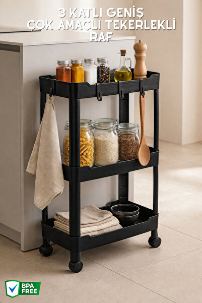 Nandy Home 3 Katlı Geniş, Tekerlekli Düzenleyici Raf, Çok Amaçlı Tekerlekli O...