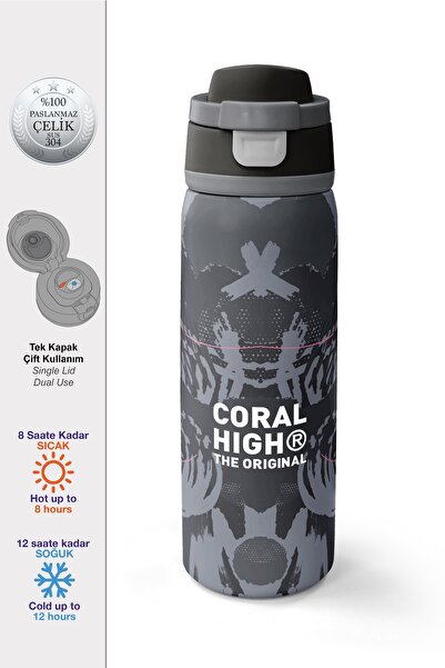 Coral High Black and Gray Patterned Steel Thermos with Straw and Direct Drink...