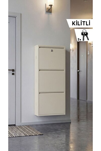 OVROL Kilitli Üçlü Metal Ayakkabılık Bej (Yedek Anahtarlı)