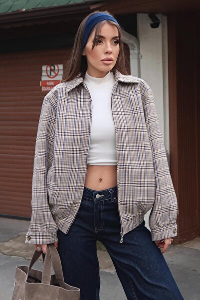 Lijuri Palton scurt în carouri cu fermoar și guler tip cămașă 7113